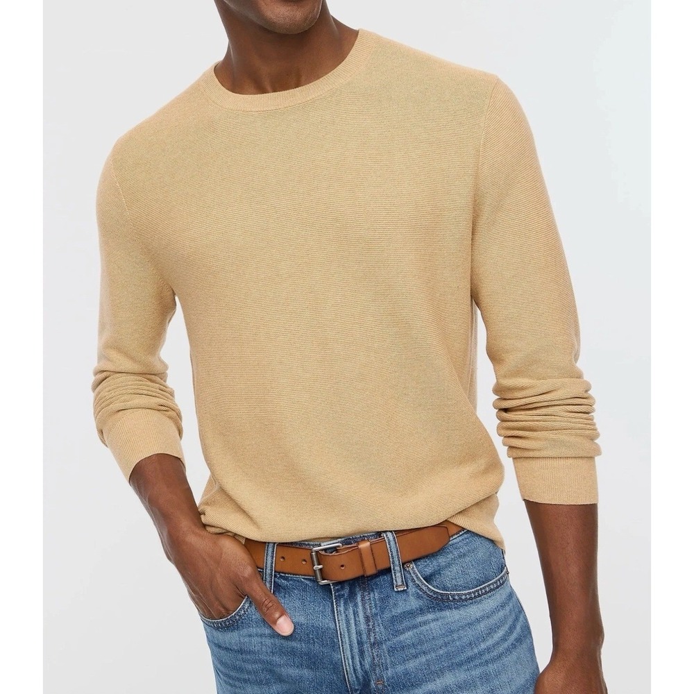 NEW J.Crew Mens 100% Cotton Garter Stitch Crewneck Sweater Tan‎ BW170 Size L